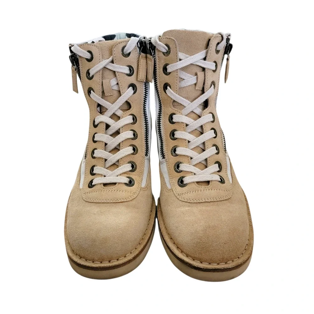 Chanel Combat Ankle Suede CC Logo Lace Up Beige Hiking Boots Canvas IT 38 US 7.5